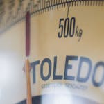 A detailed close-up of a Toledo weighing scale showing 500 kg with clear markings.
