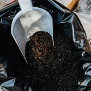 Garden trowel scooping soil from a black plastic bag, ideal for home gardening projects.